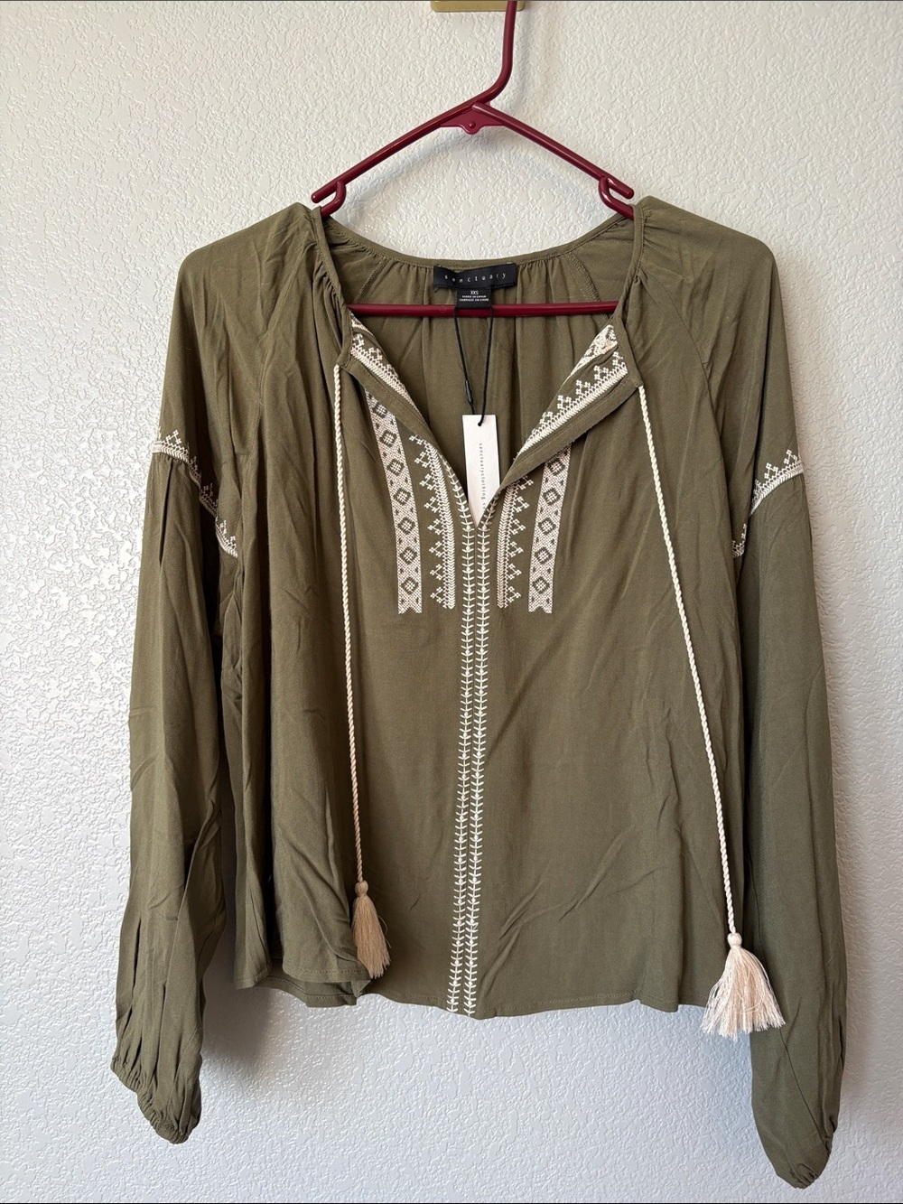 Sanctuary Olive Green Embroidered Boho Tunic with Tassels